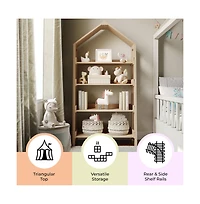 Buzz & Bloom Wood Open Bookshelf with Covered Triangular Top, 4 Shelves, and Squared Legs