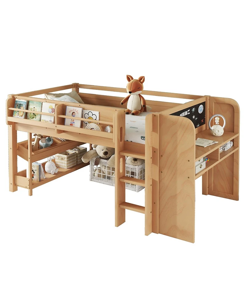 Streamdale Furniture Solid Wood Low Loft Bed with Desk, Storage, and Blackboard