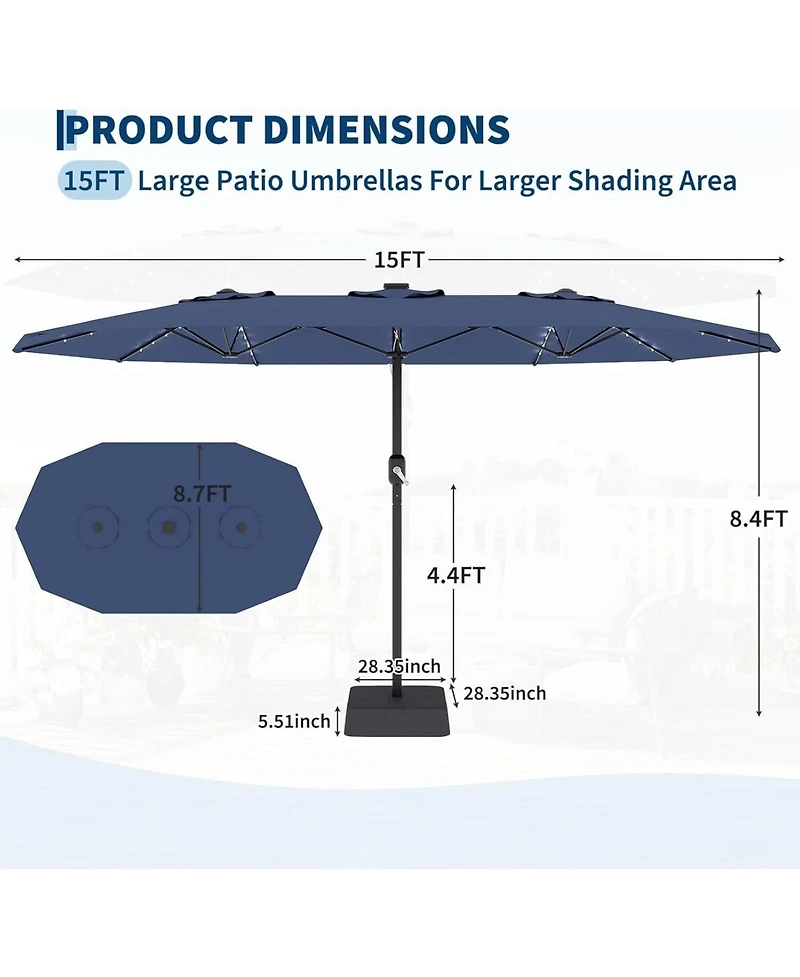 gaomon 15 Feet Patio Umbrella with Solar lights and Base Included for Garden, Pool, Deck