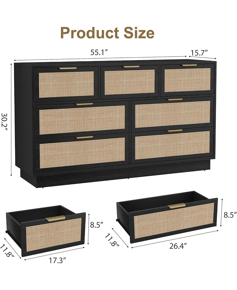gaomon Farmhouse Rattan Tv Stand for 75 Inch Tv, Wooden Media Entertainment Center with 7 Storage Drawers