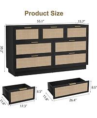 gaomon Farmhouse Rattan Tv Stand for 75 Inch Tv, Wooden Media Entertainment Center with 7 Storage Drawers