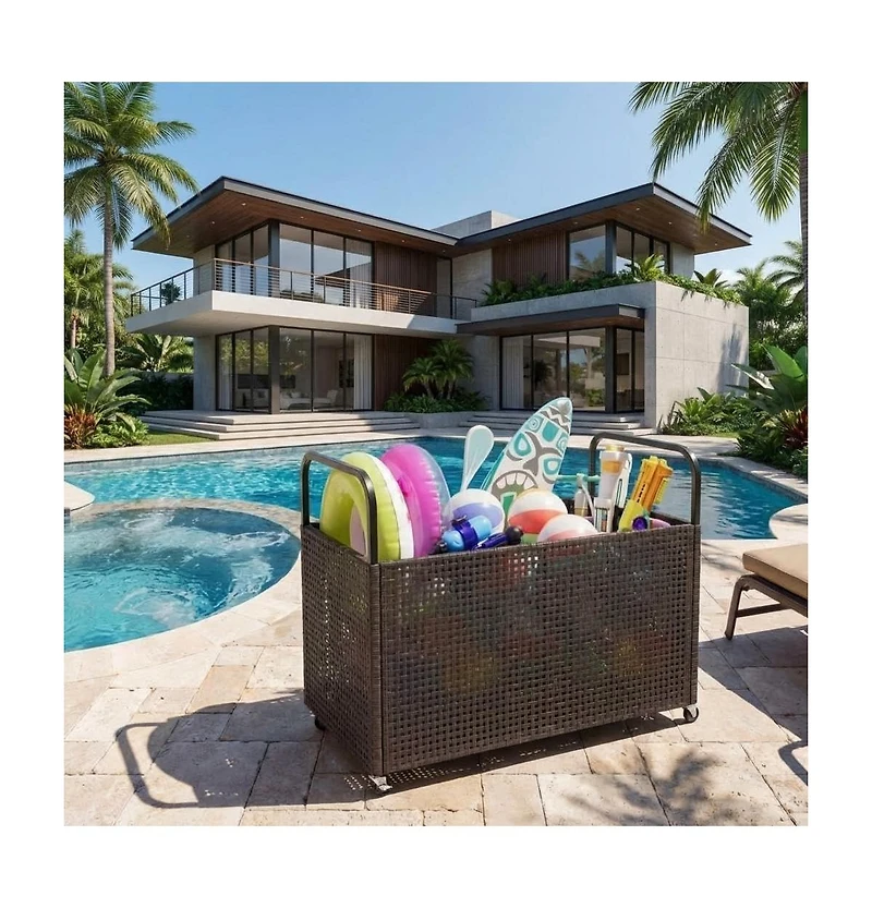 gaomon Poolside Rattan Storage Organizer, Outdoor Storage Bin, Pool Float Storage Holder with Mesh Rolling for Pool Noodles, Toys, Floats, Balls