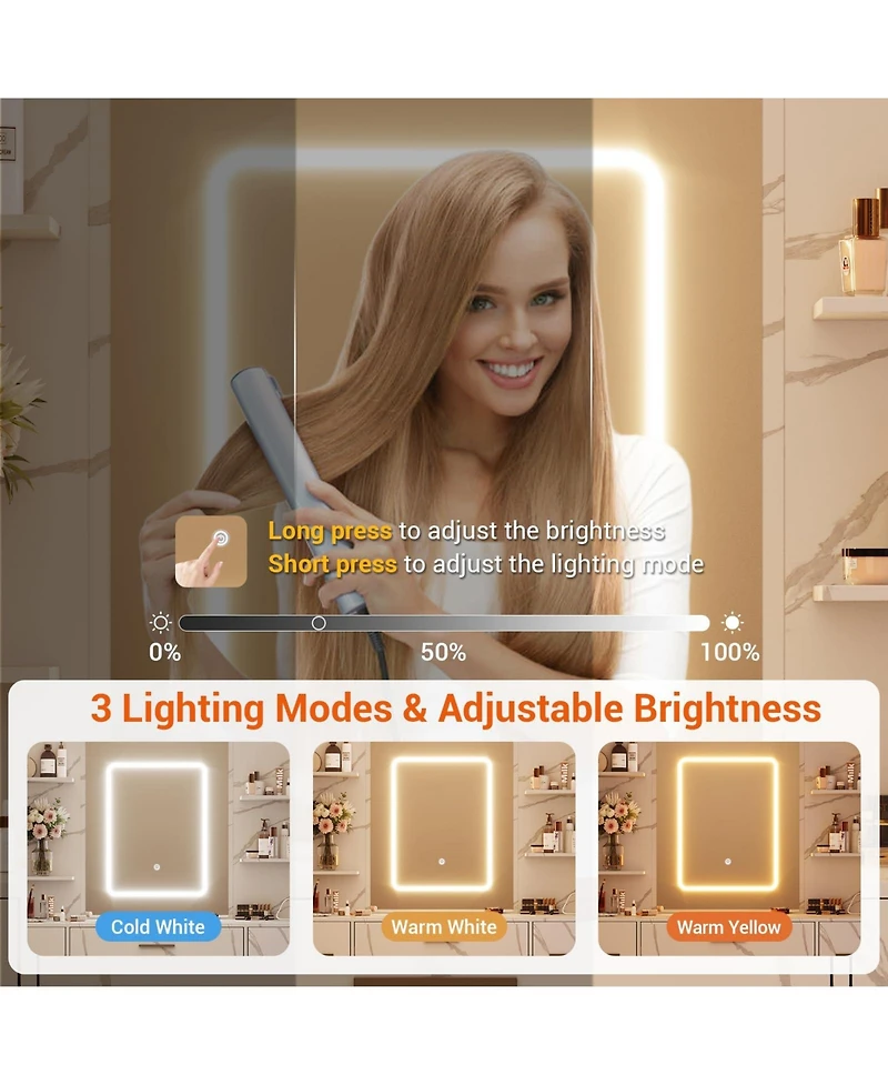 gaomon 43" Large Vanity Desk with 3 Colors Led Light and Mirror - Set Power Outlet Hairdryer Rack Makeup Table