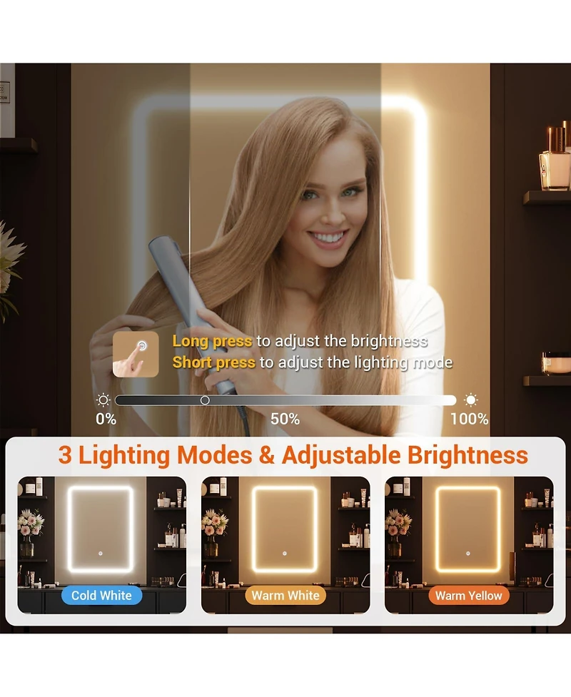 gaomon 43" Large Vanity Desk with 3 Colors Led Light and Mirror - Set Power Outlet Hairdryer Rack Makeup Table