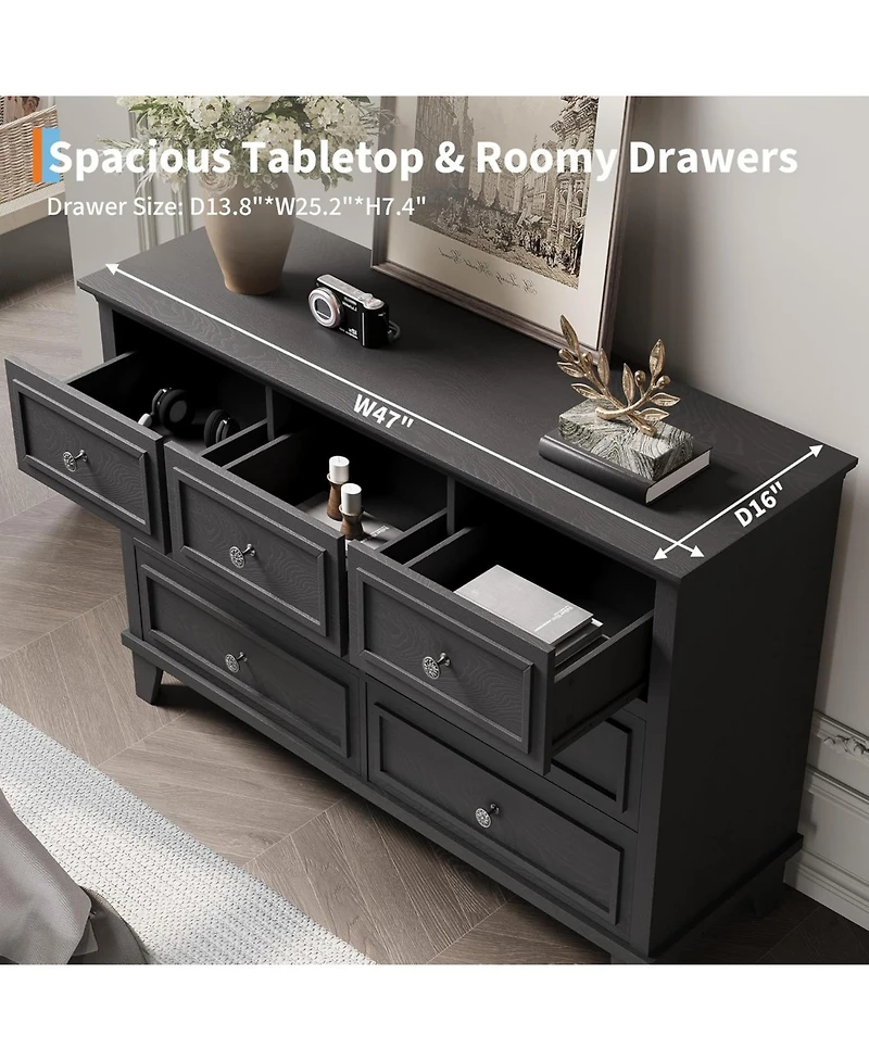 gaomon 7-Drawer Dresser for Bedroom, 47" Wide Chest of Drawers with Deep Storage, Metal Handles and Thickened Desktop