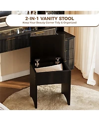 gaomon Vanity Desk with Lighted Mirror, Makeup Charging Station, Glass Top Dressing Table Cushioned Storage Stool for Bedroom