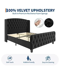 homfan Bed Frame with 51" Tall Tufted Wingback Headboard and Footboard, Soft Fabric Upholstery, Wood Slats, Noise-Free, No Box Spring Needed