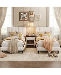 homfan 2 Set of Twin Size Velvet Upholstered Platform Bed Frame with Adjustable Tufted Headboard, No Box Spring Needed
