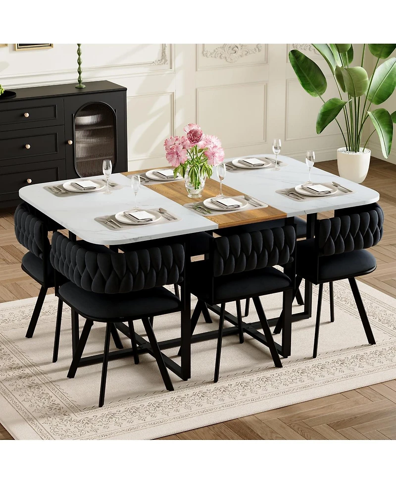 Streamdale Furniture 7 Piece Rectangular Faux Marble Dining Set with 6 Velvet Chairs