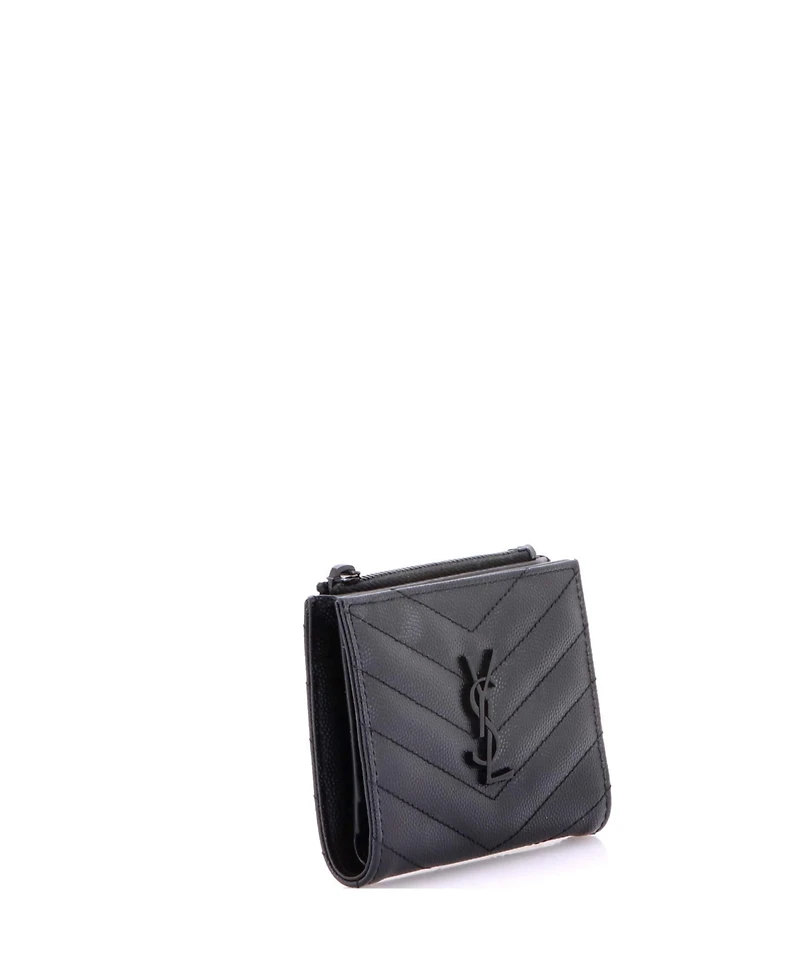 Pre-Owned Saint Laurent Classic Monogram Zipped Card Case Matelasse Chevron Leather