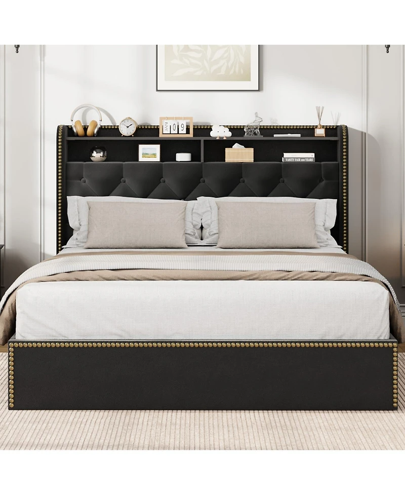 homfan Velvet Bed Frame with 4 Storage Drawers