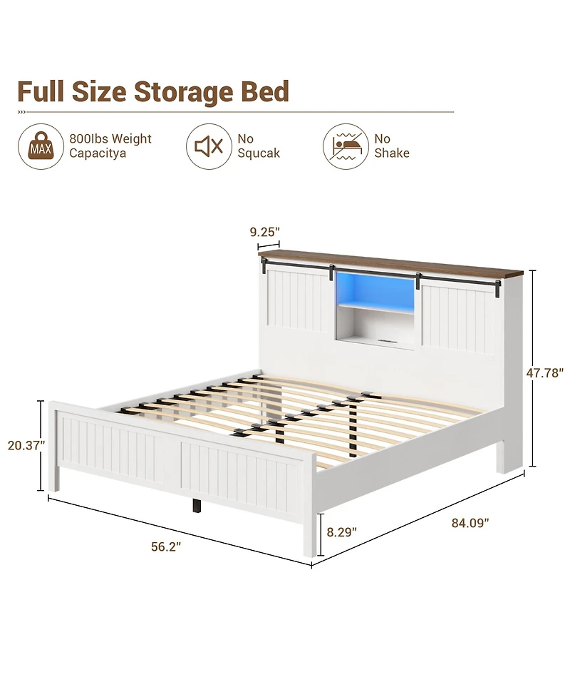 homfan Farmhouse Bed Frame with Bookcase Headboard, Led Lighting, Sliding Barn Doors, Storage and Charging Station, Wood Platform