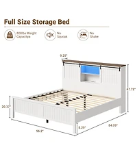 homfan Farmhouse Bed Frame with Bookcase Headboard, Led Lighting, Sliding Barn Doors, Storage and Charging Station, Wood Platform