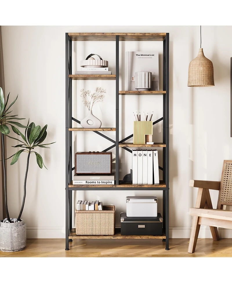 gaomon Industrial Split-Level Tall Bookcase, Vintage Metal Frame Open Display Racks