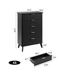 homfan Modern Fluted 5-Drawer Storage Dresser - Curved Profile, Handles, Thickened Chest, Tall 47.2" Wooden Drawers for Living Room
