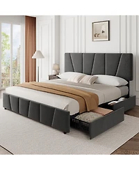 homfan Modern Linen Upholstered Bed Frame,with 4 Storage Drawers, Adjustable Headboard, No Box Spring Needed, for Bedroom