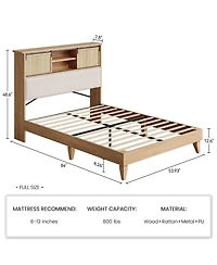 homfan Rattan Bed Frame with Shelves, Boho Bed Frame with Shelf Headboard Sliding Door, Wood Foundation with Silent Slats, No Box Spring Needed