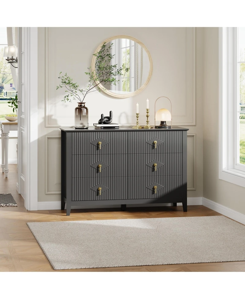 homfan Fluted 6-Drawer Dresser Chest with Metal Handles, 47.2" Wide Wood-Look Storage Organizer for Bedroom, Living Room, Hallway