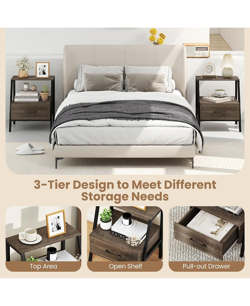 Slickblue Farmhouse Style 3-Tier Nightstand with Open Storage Shelf