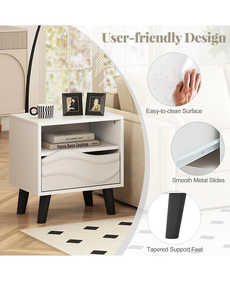 Modern Nightstand with Wavy 3D Front and Open Shelf for Bedroom-White