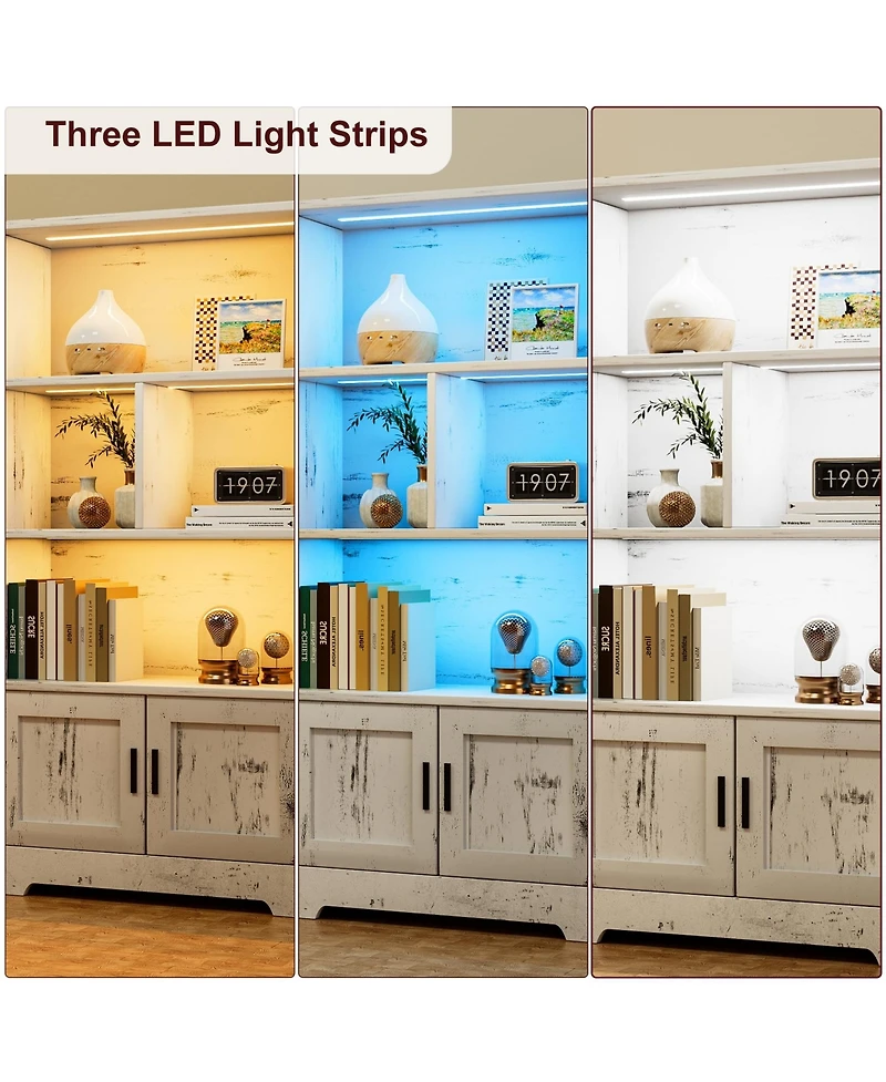 gaomon Bookcase with Led Lights Bookshelf with Doors Modern Standing Bookshelves Wooden Unique Book Shelf