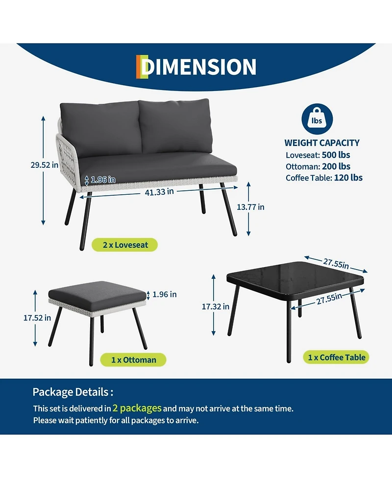 GarveeLife L-shaped Outdoor Furniture Set 4-Piece Patio Sectional Sofa with Handmade Rattan and Metal Frame, Conversation Couch Set
