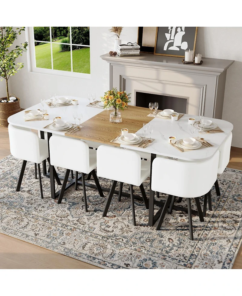 Streamdale Furniture 9 Piece Square Faux Marble Dining Set with 8 Pu Leather Chairs