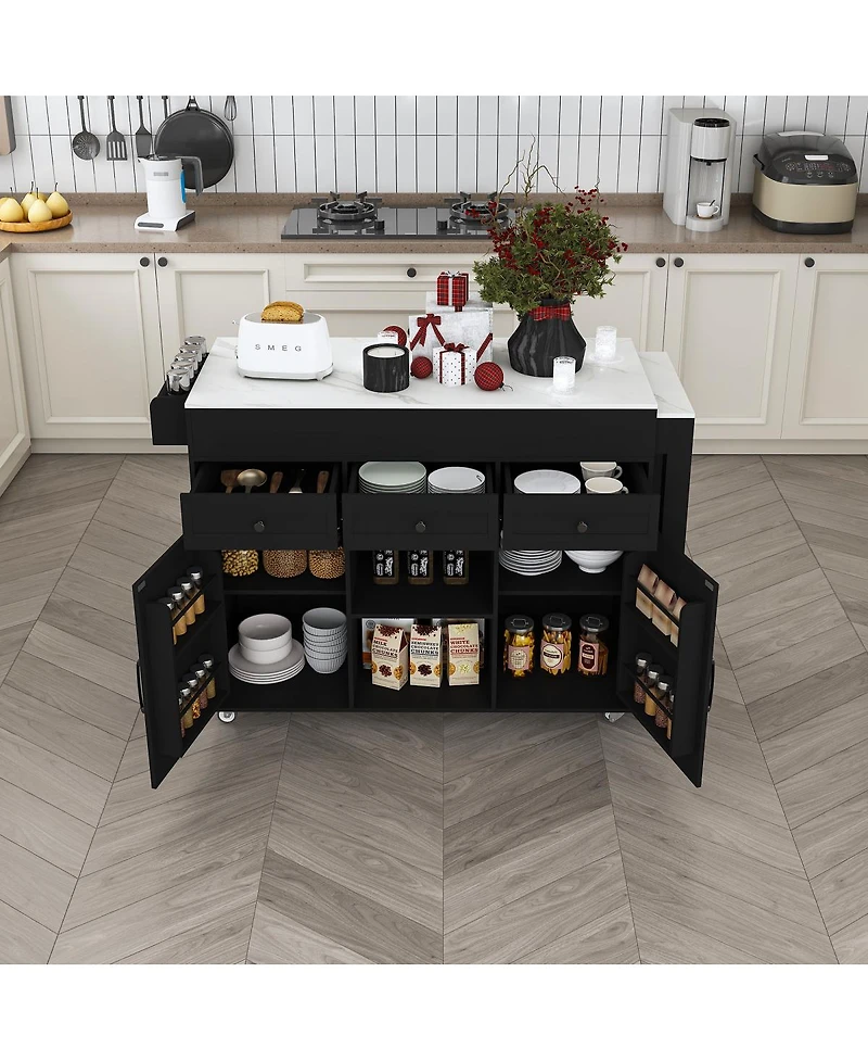 Streamdale Furniture Kitchen Island with Extendable Table, Marble Top, Power Outlet and Storage