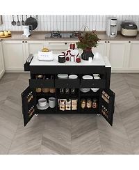 Streamdale Furniture Kitchen Island with Extendable Table, Marble Top, Power Outlet and Storage