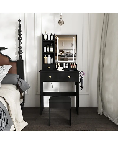 Streamdale Furniture Modern Vanity Desk with Led Mirror, 3 Drawers, Storage Shelves and Stool