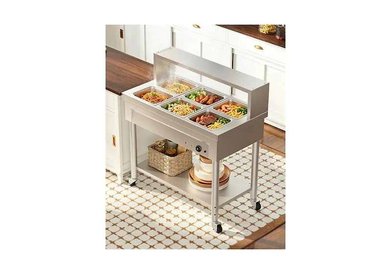 Aecojoy Commercial Food Warmer 1500W Electric Steam Table with 6x10QT Pans and Shelf