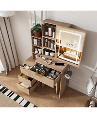 Streamdale Furniture Modern Vanity Desk with Led Mirror, 4 Drawers, Shelves, and Stool