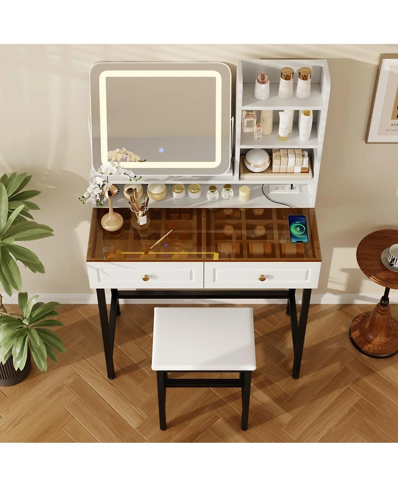 Streamdale Furniture Makeup Vanity with Led Mirror, 2 Drawers, Power Outlet and Stool
