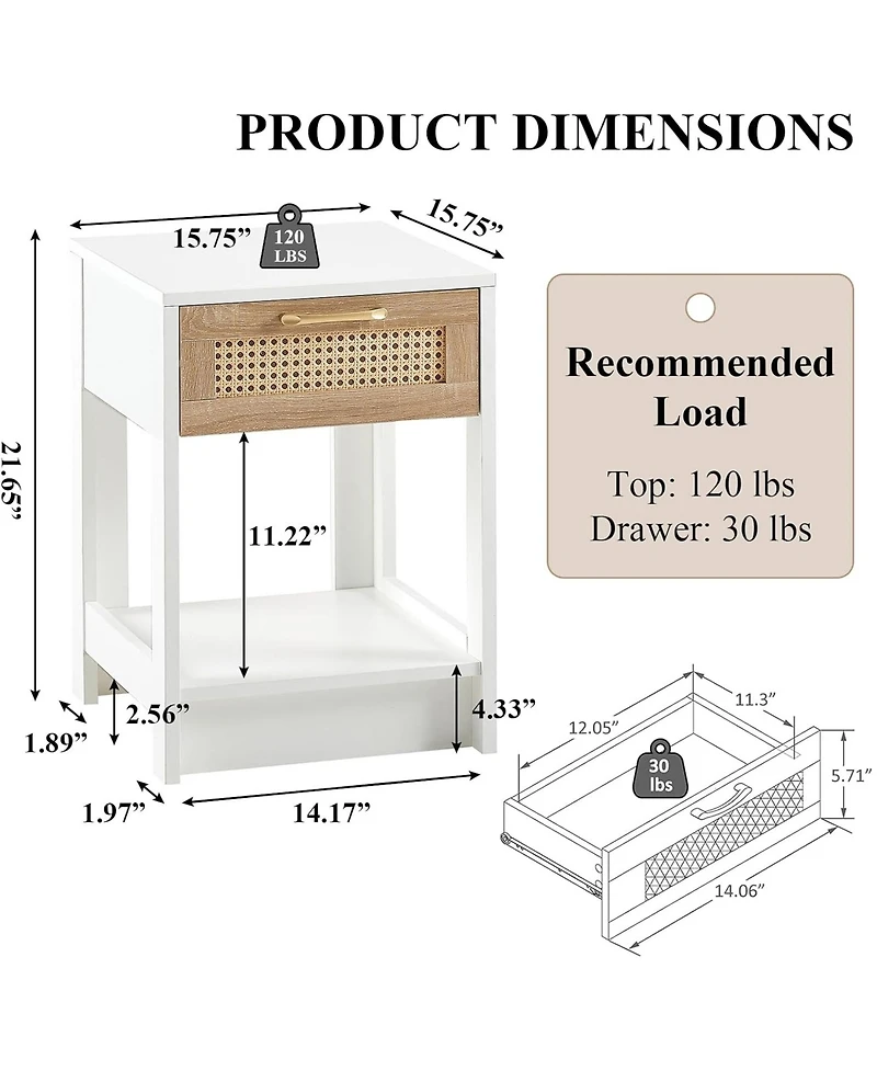 Rainsken Rattan Nightstand, Wooden Bedside Table with Drawer and Open Storage Shelf, End Table for Living Room, Bedroom