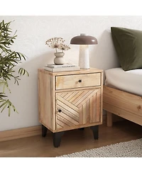 Rainsken Wood Nightstand, Hand-Carved Line Drawing Design, Bedside Table with Drawer and Metal Legs for Bedroom