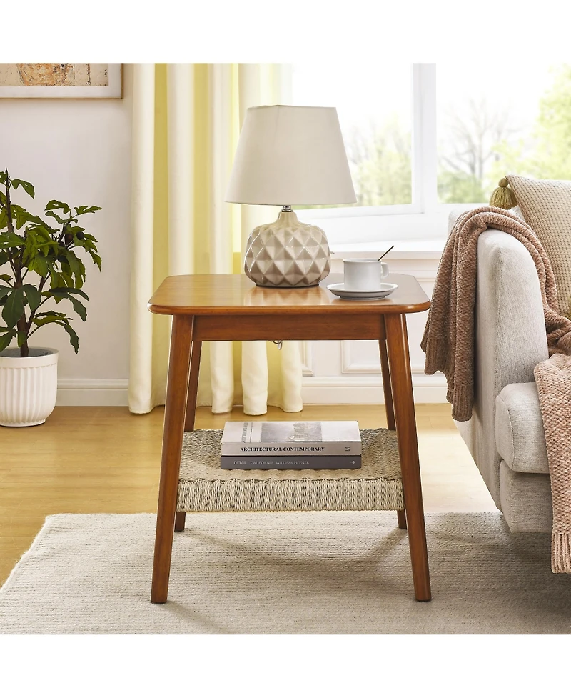 Rainsken 23" Square Wooden End Table with Woven Storage Shelf, Mid-Century Bedside Table, Nightstand for Living Room, Bedroom, Office