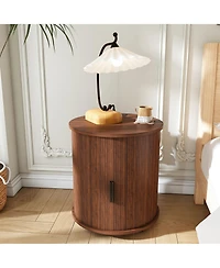 Rainsken Cylinder Nightstand, Fluted Round End Table with Charging Station and Sliding Door, 2-Tier Storage Bedside Table for Living Room, Bedroom