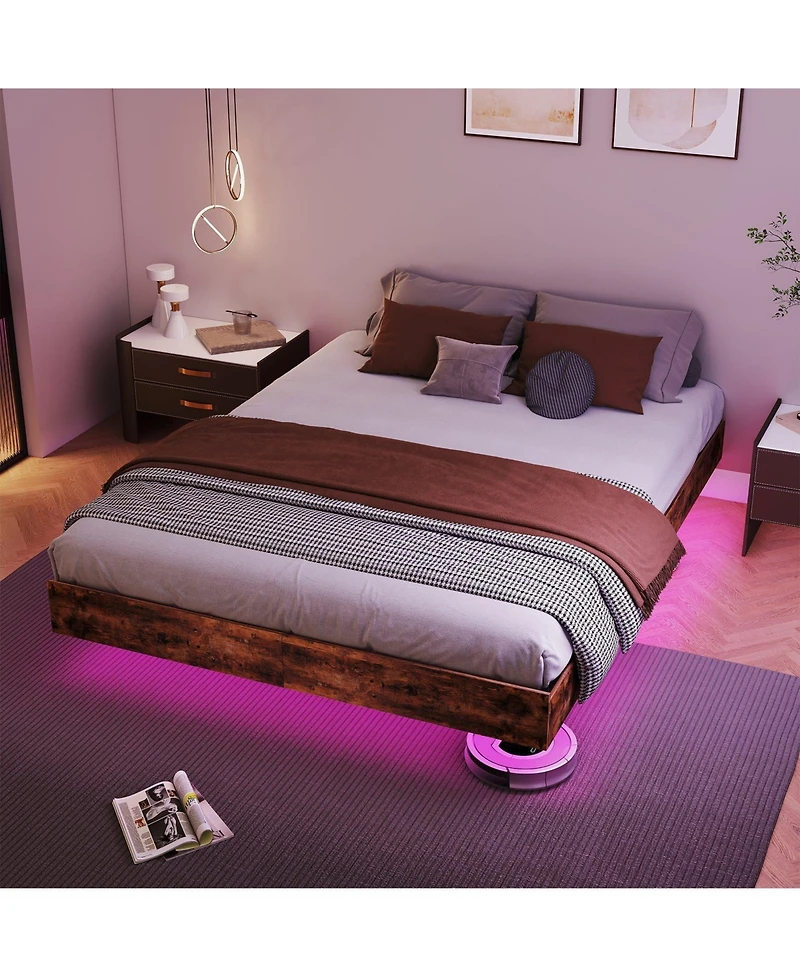 Lucky One Floating Bed Frame with Led Lights, Heavy Duty Metal Platform