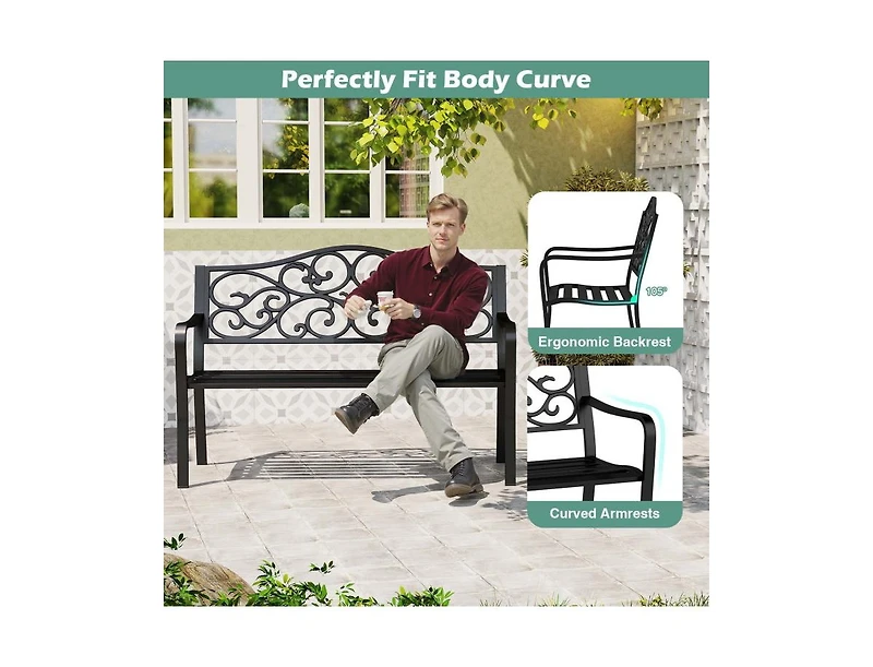 Mondawe 50 Inches Outdoor Cast Iron Metal Patio Bench with Floral Design Backrest and Slatted Seat