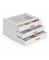 Yigii Leather Jewelry Organizer Clear Lid 2 Drawers for Necklace Ring Bracelet Earring