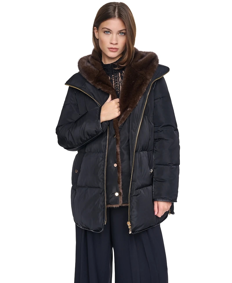 Halston Women's Faux Fur Bibbed Hooded Puffer
