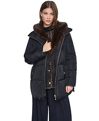 Halston Women's Faux Fur Bibbed Hooded Puffer