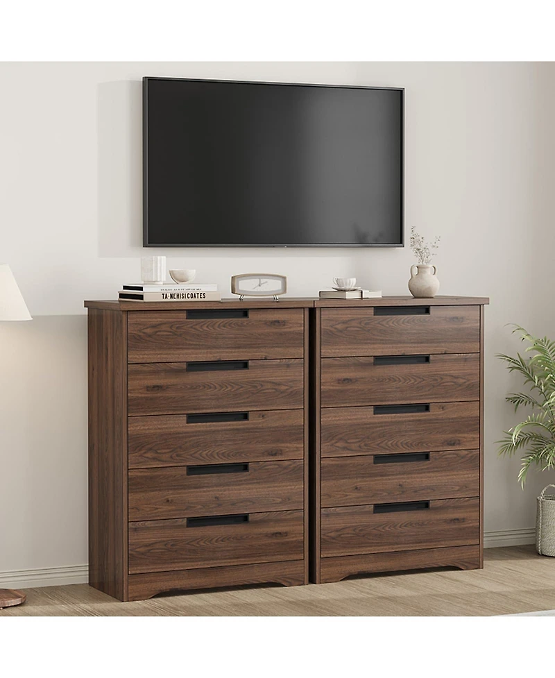 gaomon 5 Drawer Dresser With Embedded Handles, Walnut Wooden Chest For Bedroom, Living Room, Nursery, Hallway