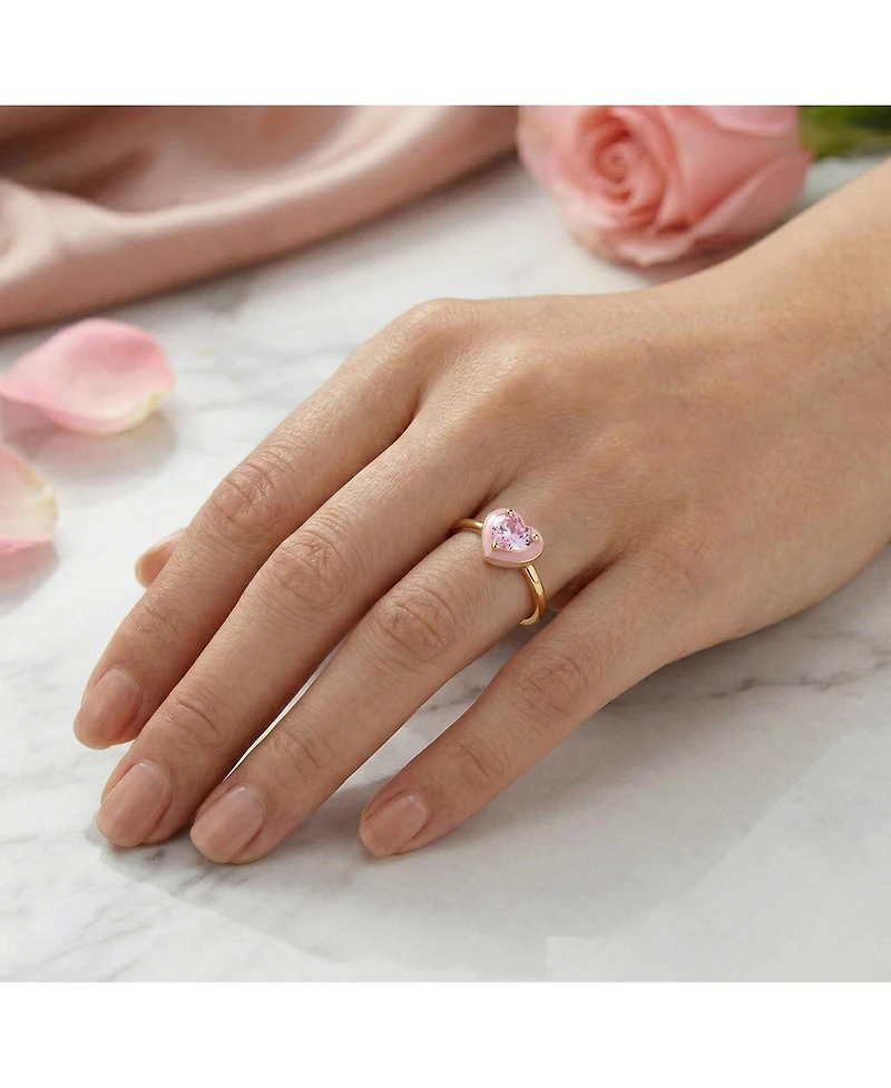 GiGiGirl Teens 14k Gold Plated with Pink Cubic Zirconia & Enamel Halo Heart Stacking Ring