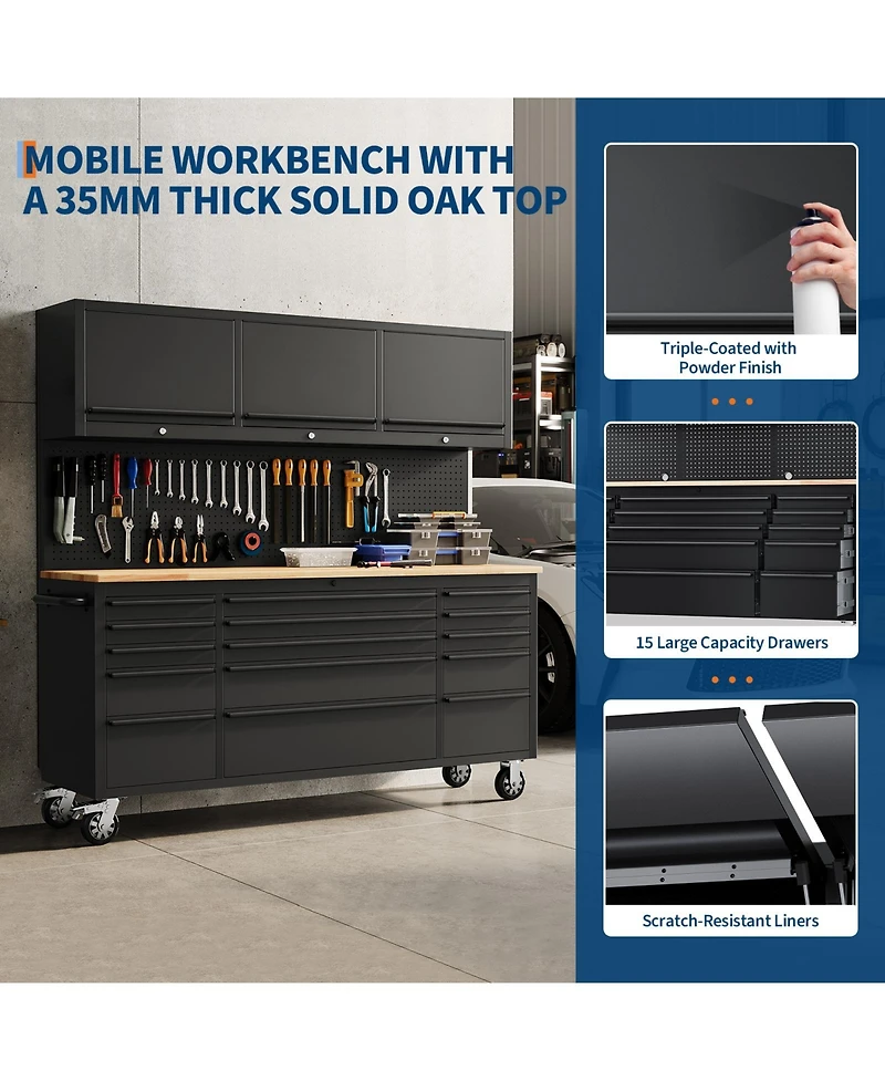 homfan 72 Inch 15 Drawer Workbench with 3 Locking Top Cabinets, Heavy Duty Steel and Rubber Wood Tool Chest