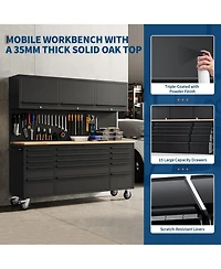 homfan 72 Inch 15 Drawer Workbench with 3 Locking Top Cabinets, Heavy Duty Steel and Rubber Wood Tool Chest