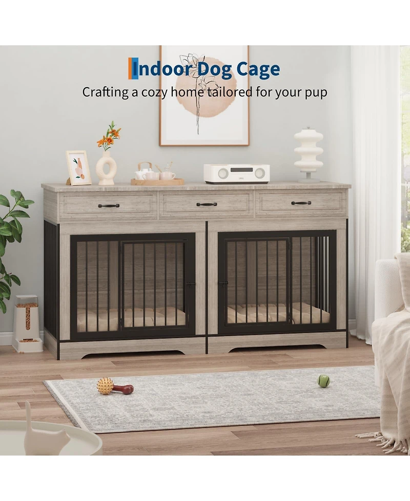 Gaomon Extra Large Double Dog Crate Furniture for 2 Medium Large Dogs Wooden Kennel End Table Tv Stand Chew Resistant with 3 Storage Drawers