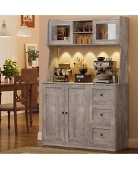 homfan 67inch Farmhouse Pantry Cabinet with Microwave Shelf, Kitchen Hutch Storage Cabinet, 3 Drawers and Glass Doors, Coffee Bar Station