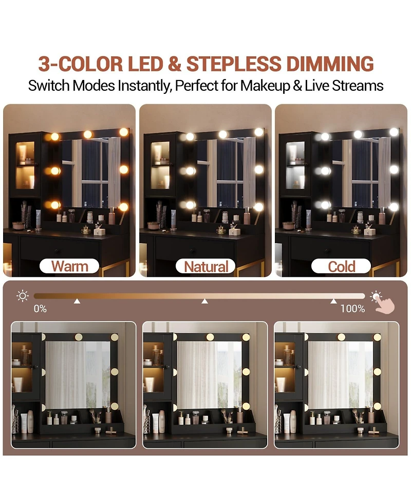 homfan Vanity Desk With Mirror Lights Dressing Table Adjustable Bulbs Outlets and Usb Ports Mdf Top Metal Leg Storage Drawers & Cabinets