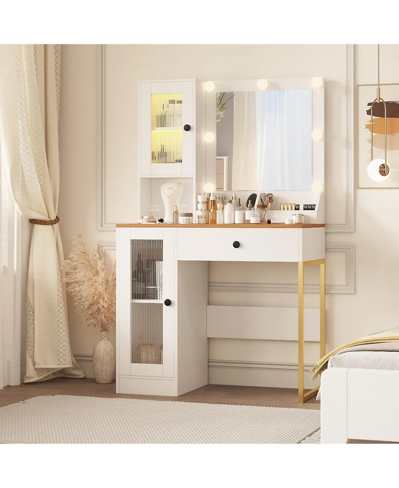 homfan Vanity Desk With Mirror Lights Dressing Table Adjustable Bulbs Outlets and Usb Ports Mdf Top Metal Leg Storage Drawers & Cabinets